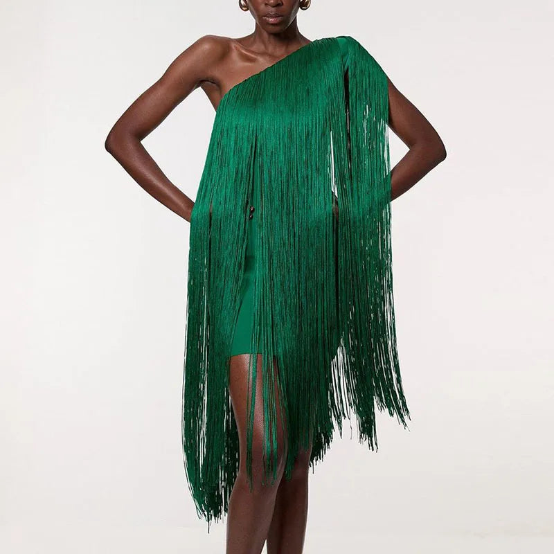 Woman One Shoulder Fringe Tassel Mini Dress Chic Sleeveless Hollow Short Dress Summer Sexy Diagonal Collar Gowns Evening Dresses