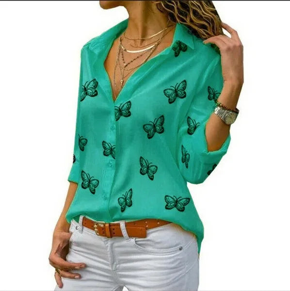 Oversized S-5XL Women Butterfly Print Loose Blouse Shirts Summer Female Long Sleeve Button Baggy OL Workwear Tops ARJ-199Y