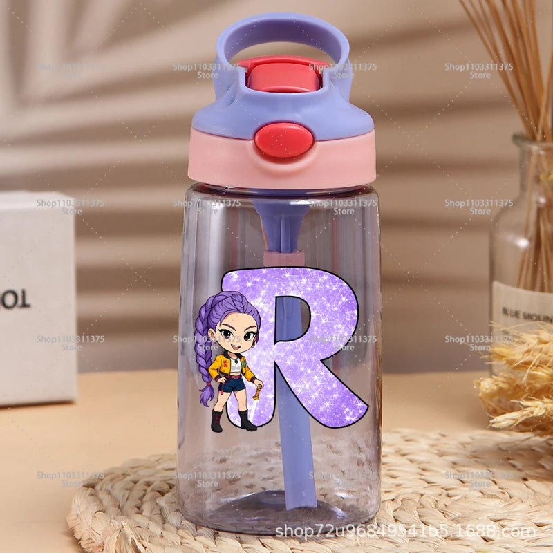Move K-Pop Demon Hunters Plastic Water Bottle with Straw Letter A-Z Fashion Portable Portable Kettle Girls Cartoon Birthday Gift